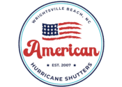 Logo of American Hurricane Shutters featuring an American flag, the name in bold red letters, and "Wrightsville Beach, NC Est. 2007" around the edge, on a green background with the addition "Carolina" near the top. in either North or South Carolina