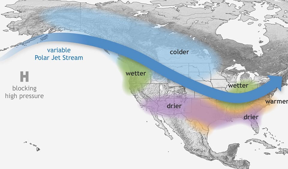 A map illustrating the impact of the Polar Jet Stream across North America, showing regions affected by colder, wetter, warmer, and drier conditions, highlighted in different colors. in either North or South Carolina