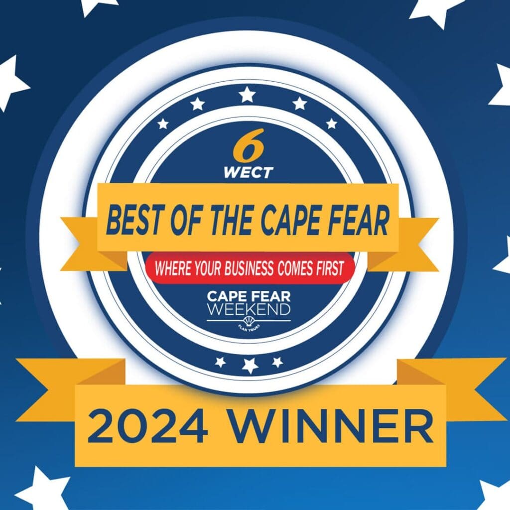 Graphic award badge stating "2024 Winner - Best of the Cape Fear - Hurricane Protection" surrounded by circular and star patterns on a blue background. in either North or South Carolina